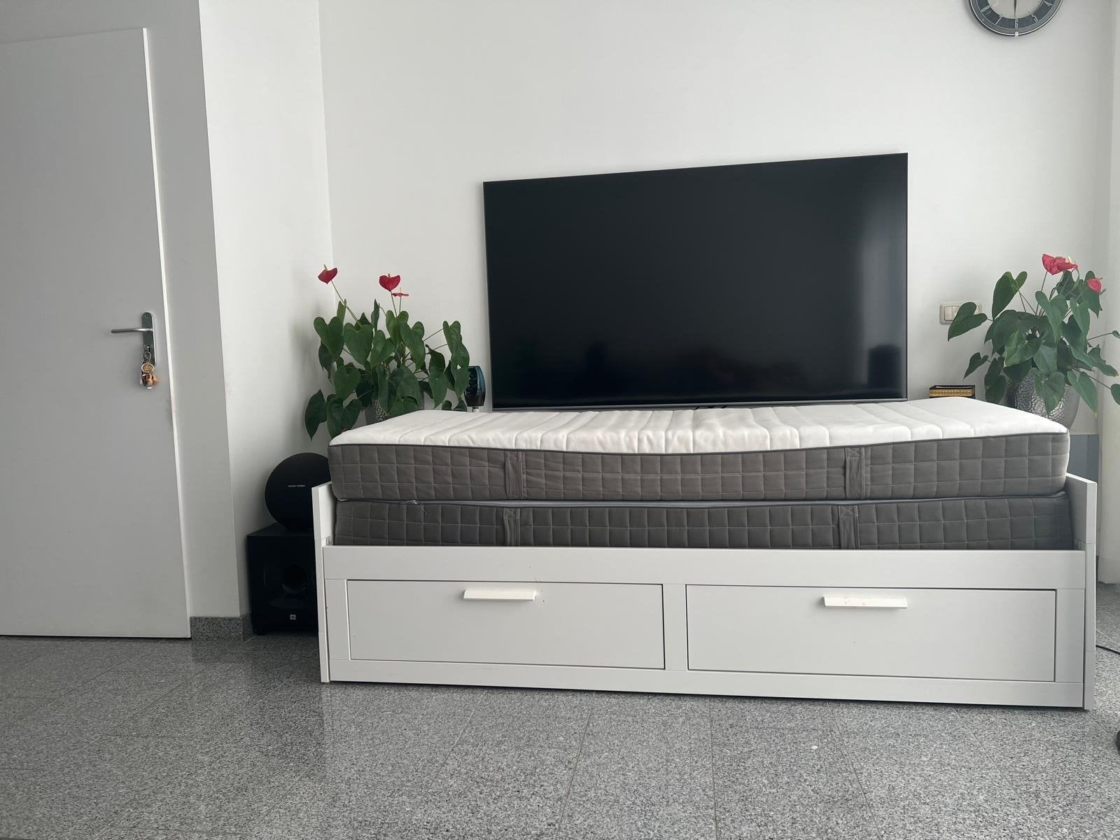 Wit bedframe met lades en matras, Ophalen, 85 tot 100 cm, Gebruikt, Matras