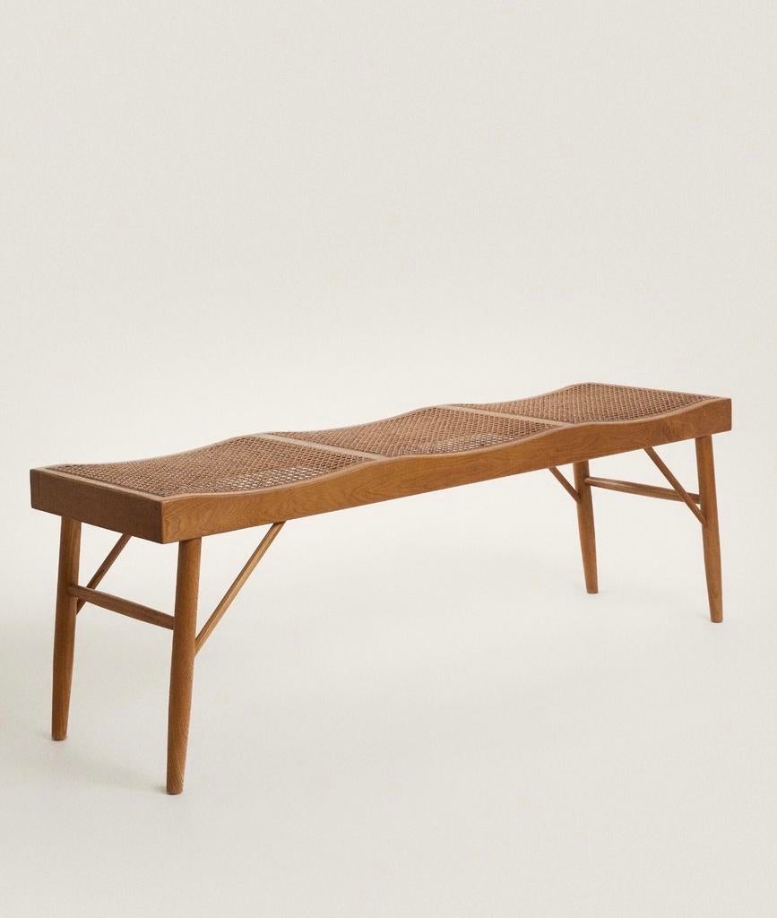 Zara Home 3-zits bankje van hout en rotan, Ophalen, Minder dan 75 cm, 150 tot 200 cm, Rechte bank