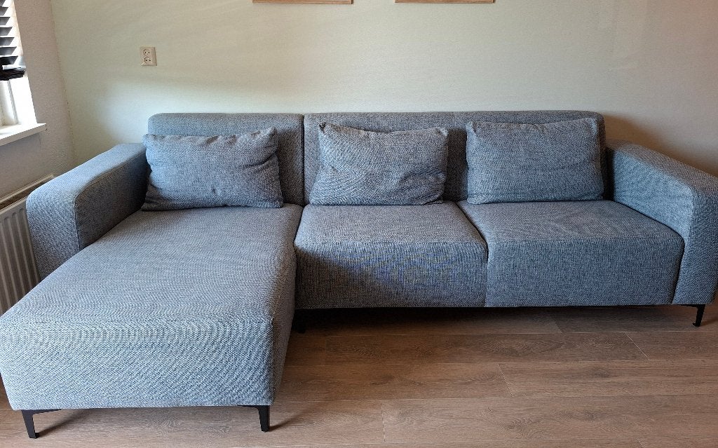 Grijze hoekbank, Ophalen, 250 tot 300 cm, Gebruikt, 125 tot 150 cm