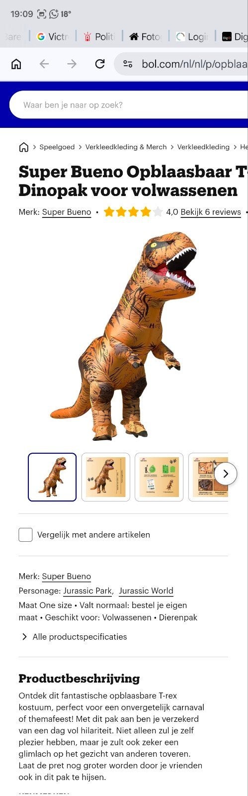 Opblaasbaar T-Rex Dinosaurus Kostuum voor Volwassenen, Ophalen of Verzenden, Nieuw, Pak of Jurk
