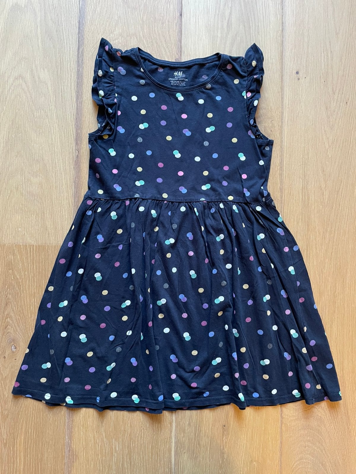 H&M jurk, maat 134-140, donkerblauw met gekleurde stippen, Gebruikt, Meisje, H&M, Ophalen of Verzenden