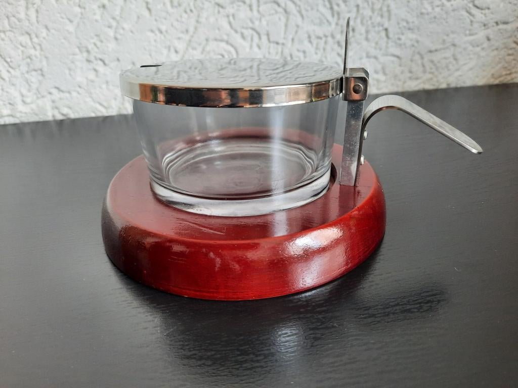 Vintage Glazen Suiker-/kaaspot met voet en lepelhouder, Ophalen