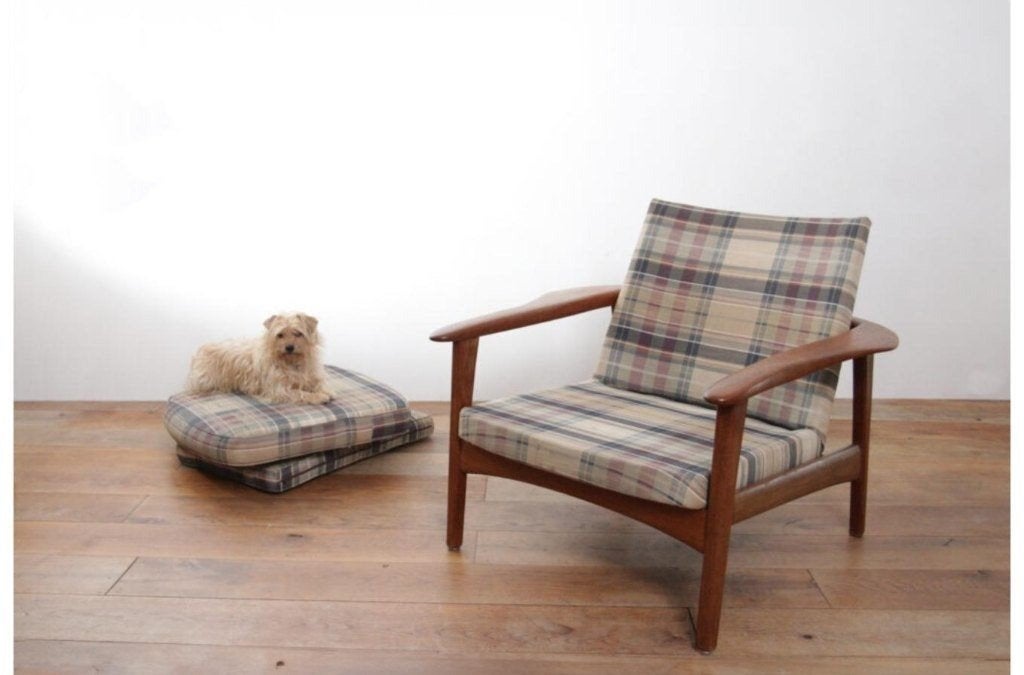 Vintage Design Fauteuil Teak + nieuwe stoffering, Ophalen, Gebruikt, 75 tot 100 cm, Stof