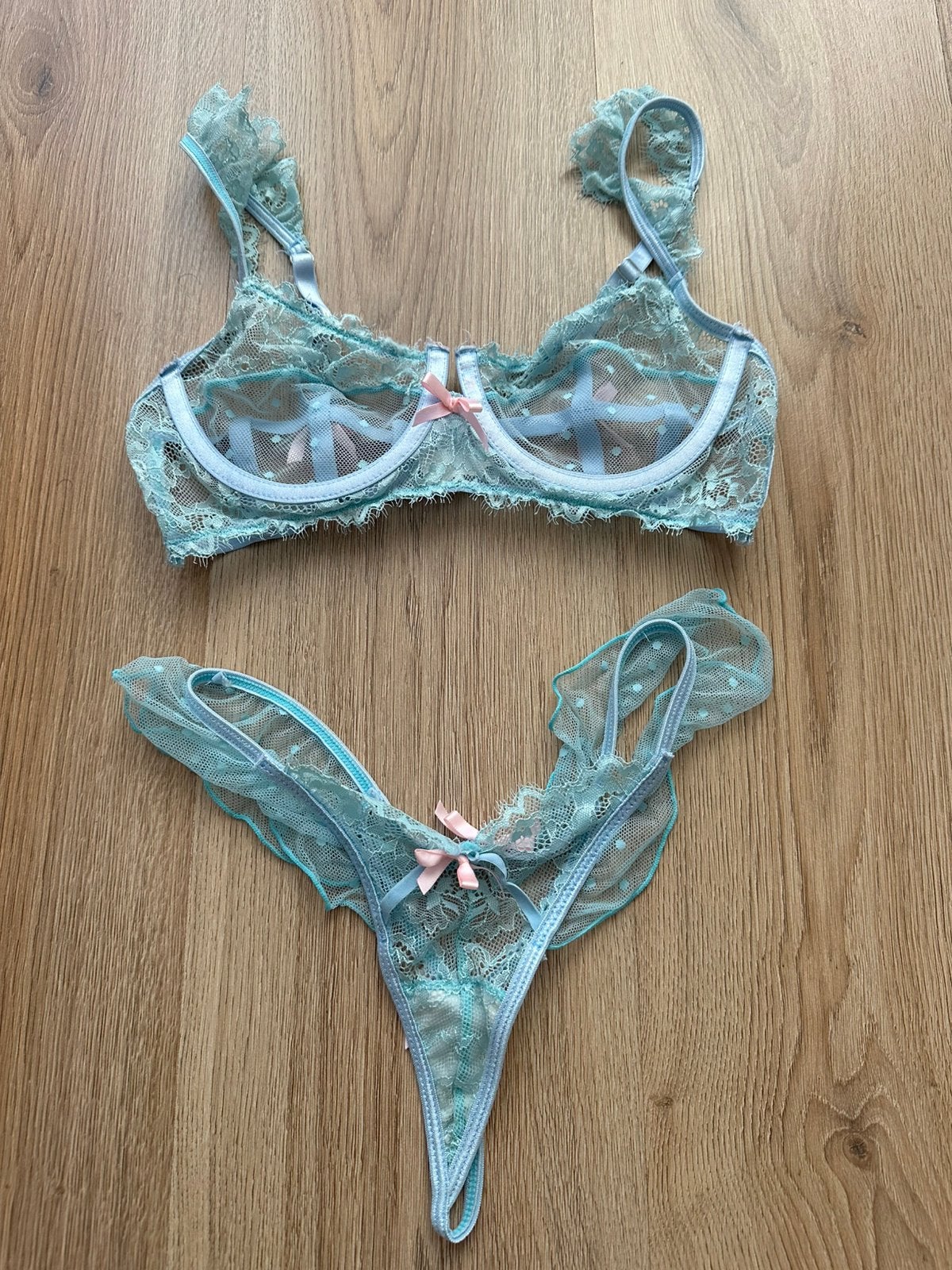 Kanten bh en string setje, Verzenden, Blauw, Setje