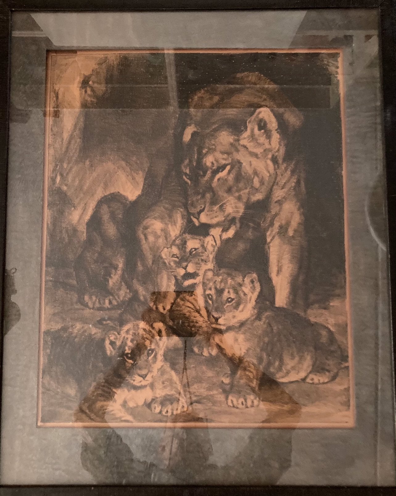Vintage litho van C.J. Mension Leeuwin met welpen., Antiek en Kunst, Kunst | Schilderijen | Klassiek, Ophalen, Overige technieken