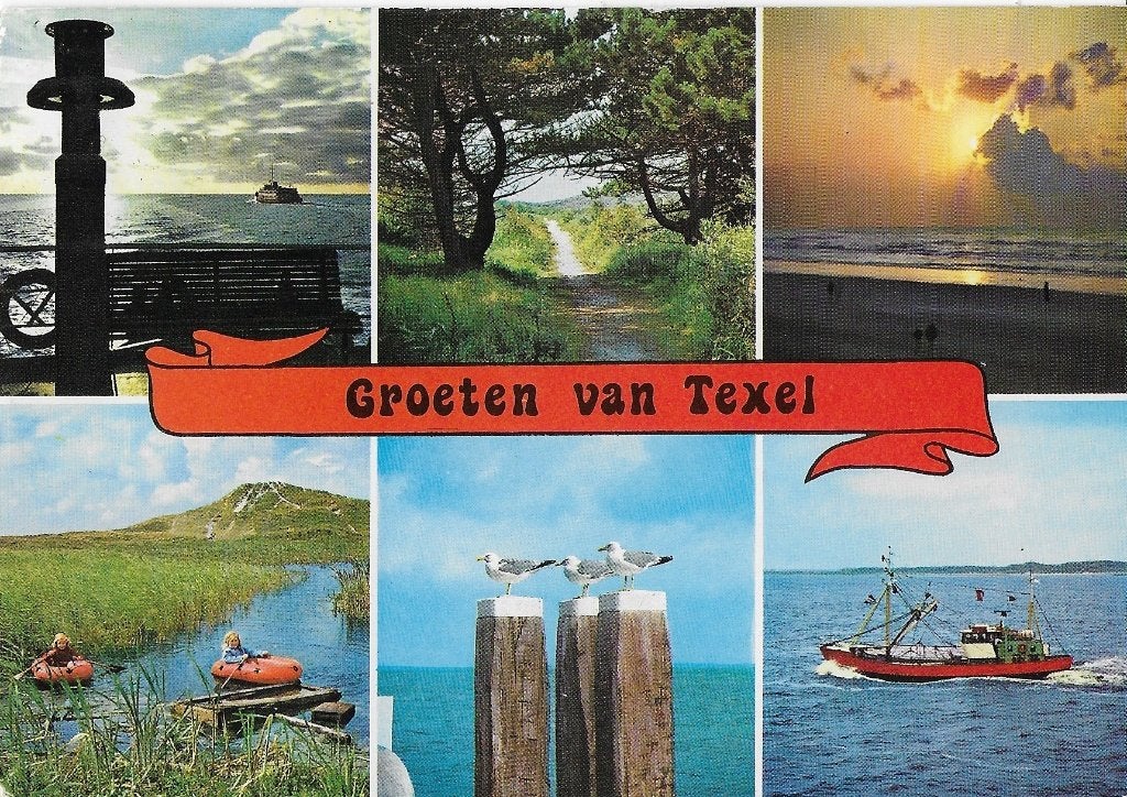 F35 Gelopen ansichtkaart groeten van Texel, Verzamelen, Ansichtkaarten | Nederland, Ophalen of Verzenden, 1980 tot heden, Gelopen