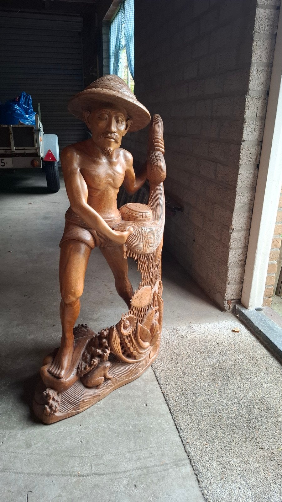 Balinese Houten Visser Sculptuur - Suar-hout, Antiek en Kunst, Ophalen