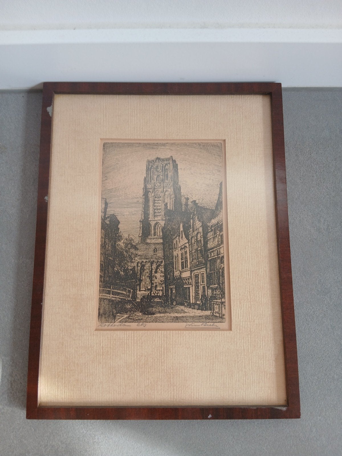 Ets Laurenskerk Rotterdam door Wim Beeke (ingelijst), Antiek en Kunst, Ets, Stadsgezicht, 1900 - 1949, Gesigneerd
