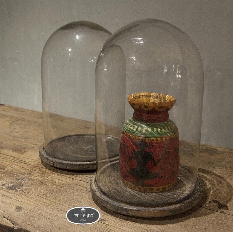 Glazen stolp plateau Large glas houten stoer sober landelijk, Glas, Verzenden, Nieuw, Met plateau