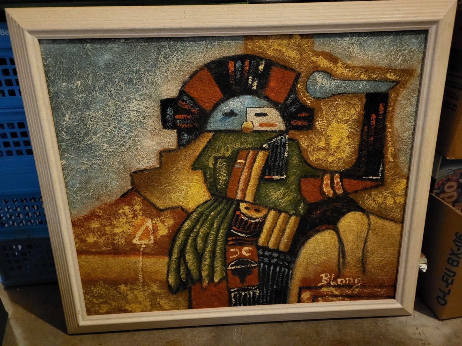 Vintage retro maya schilderij B. LONG 68x58 cm, Antiek en Kunst, Kunst | Schilderijen | Abstract, Ophalen