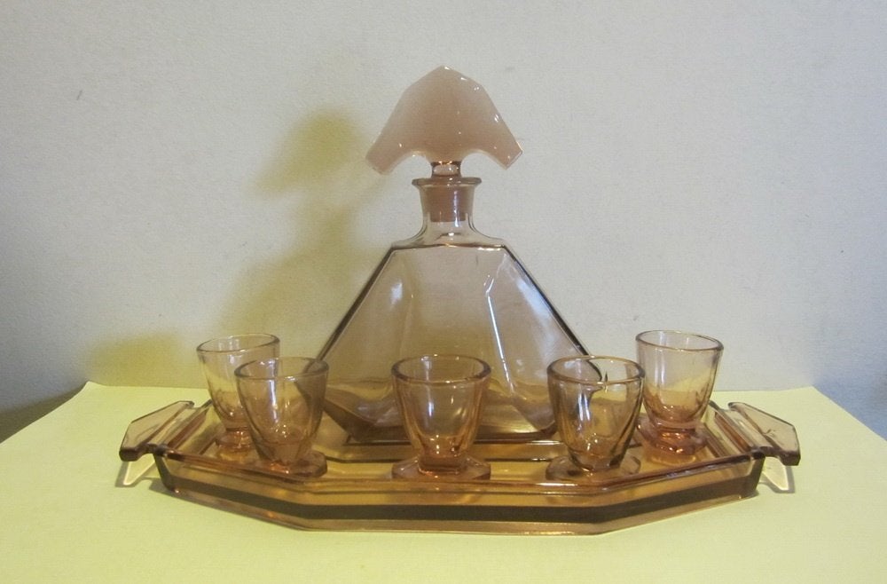 Antieke art deco rozaline likeurset: karaf, plateau,borrels, Antiek en Kunst, Antiek | Glas en Kristal, Verzenden