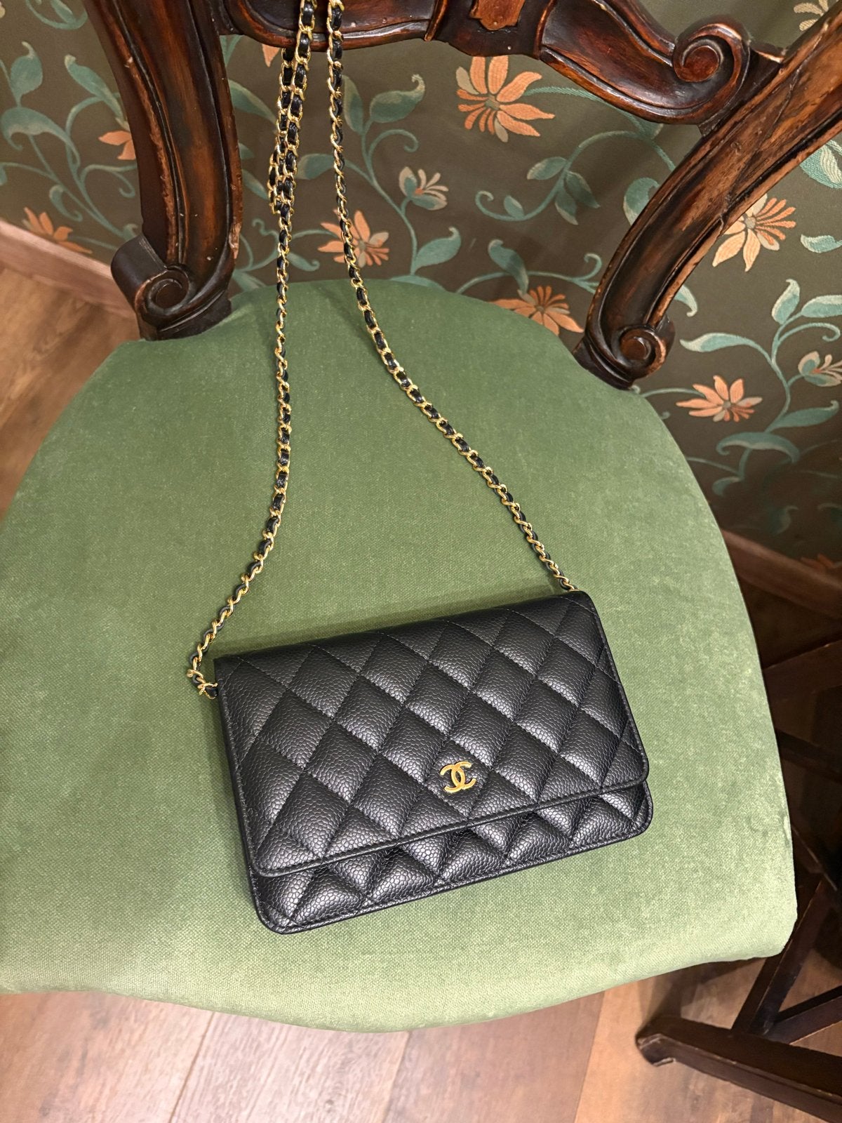 Chanel Wallet on Chain (WOC) Zwart Kaviaarleer, Verzenden, Zo goed als nieuw, Zwart, Schoudertasje