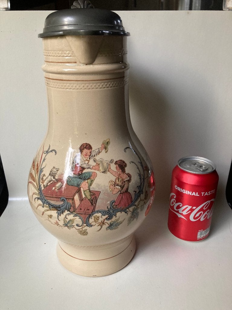 Antiek Duitse 2,5 liter bierpul / wijnkan met tinnen deksel, Antiek en Kunst, Ophalen of Verzenden