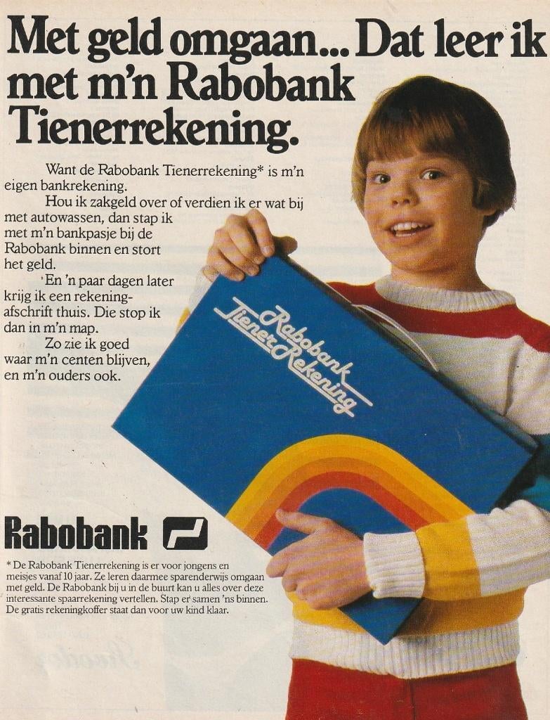 Retro reclame 1982 Rabobank jongetje map tienerrekening, Verzamelen, Retro, Verzenden, Overige typen