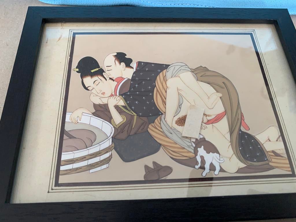 Japanse Shunga erotische gouache op papier 14 X11.5 cm, Ophalen of Verzenden