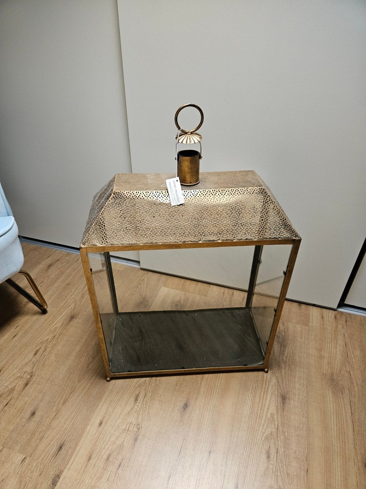 Mooie grote windlicht merk LUCKY COLLECTION, Ophalen, Goud, Glas, Windlicht