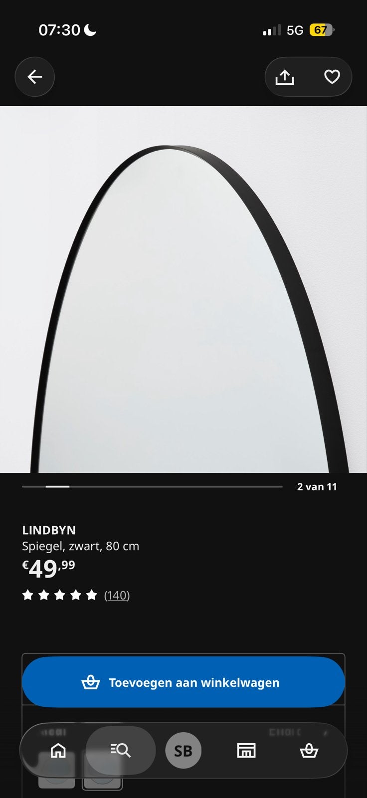 IKEA LINDBYN Spiegel, zwart, 80 cm, Ophalen, Zo goed als nieuw, Rond, 75 tot 100 cm
