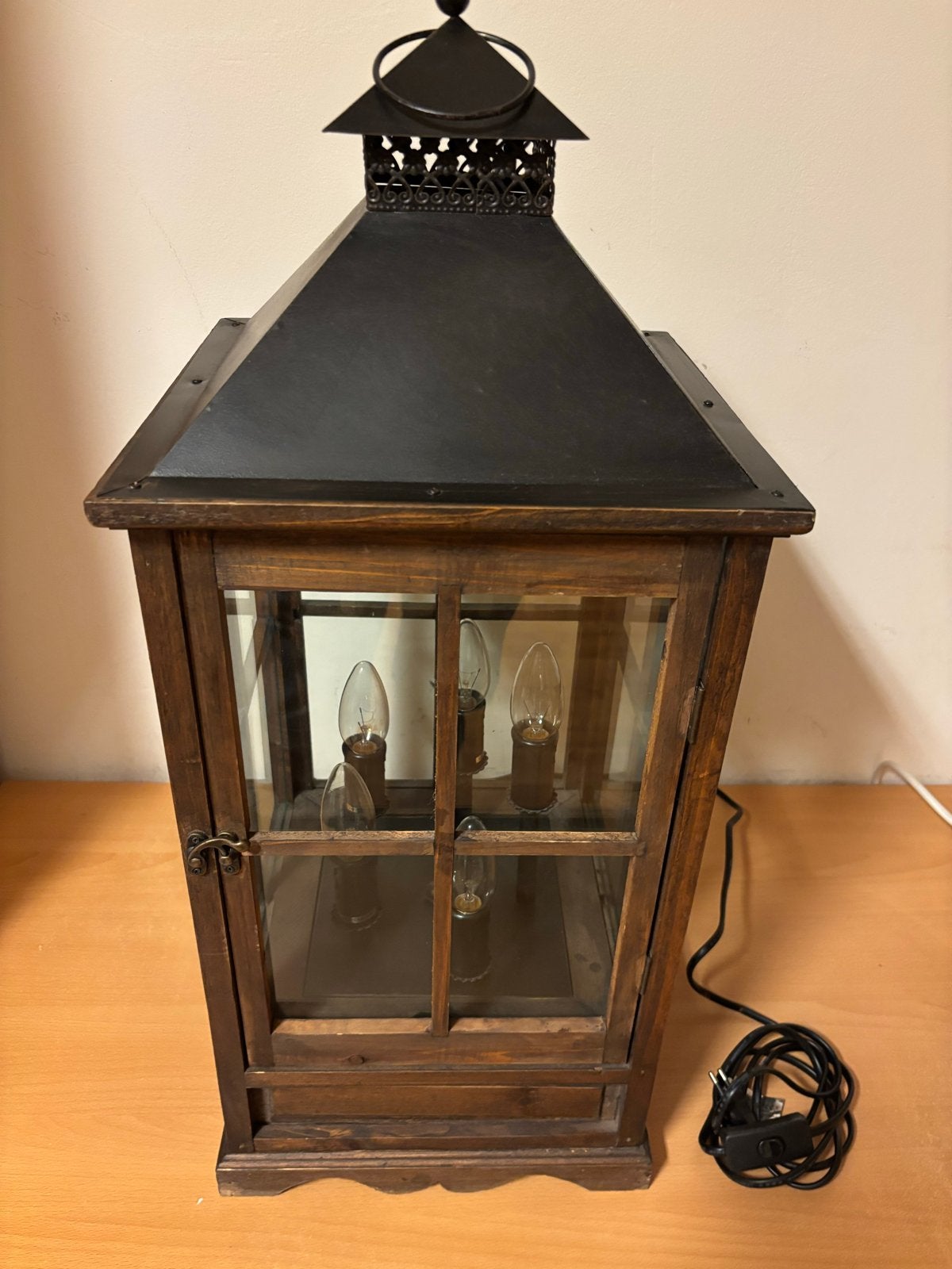 Vintage houten lantaarnlamp met 5 kaarslampen, Overige merken, Gebruikt, E14 (klein), Hout