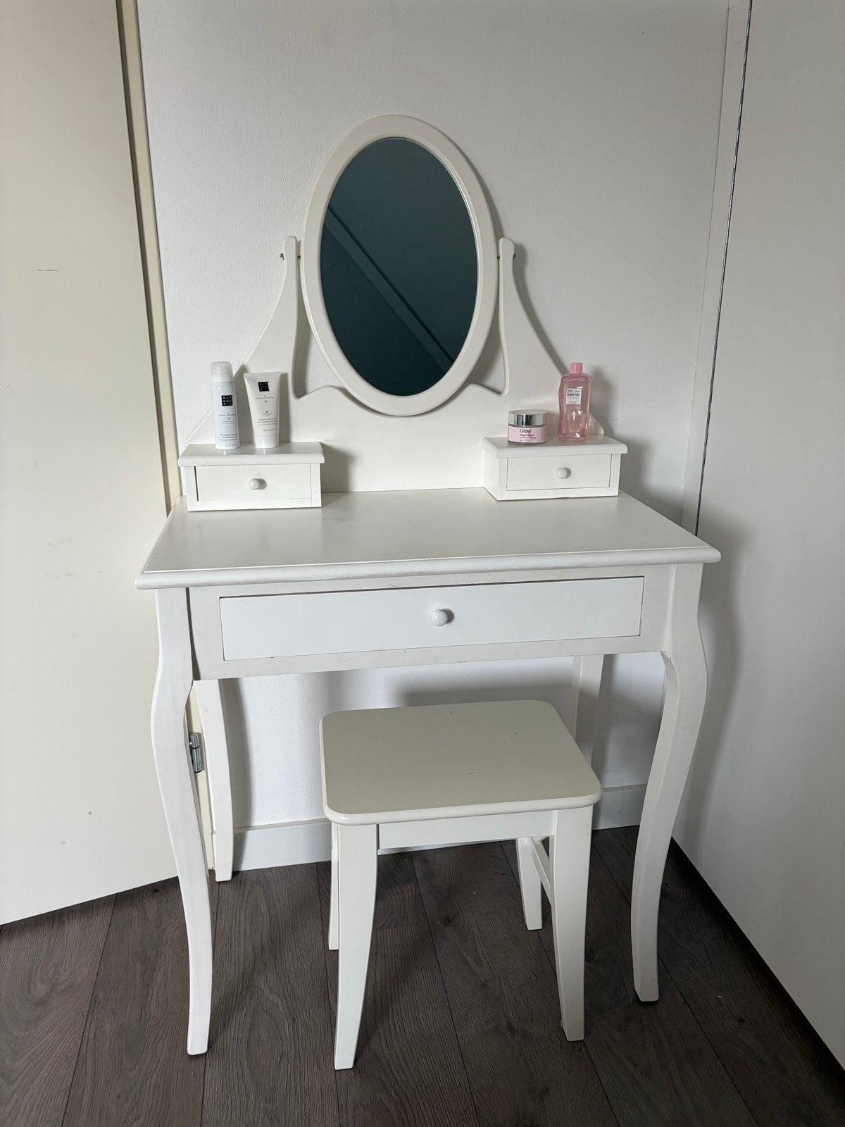 Witte kaptafel met spiegel en krukje, Ophalen, Gebruikt, 100 tot 150 cm, 50 tot 100 cm