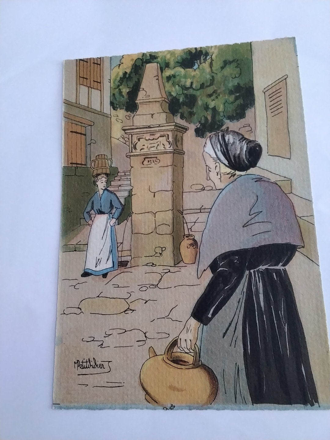 Oude ansichtkaart: Vrouwen bij de waterput in Baskenland, Ophalen of Verzenden, Voor 1920, Gelopen, Stad of Dorp