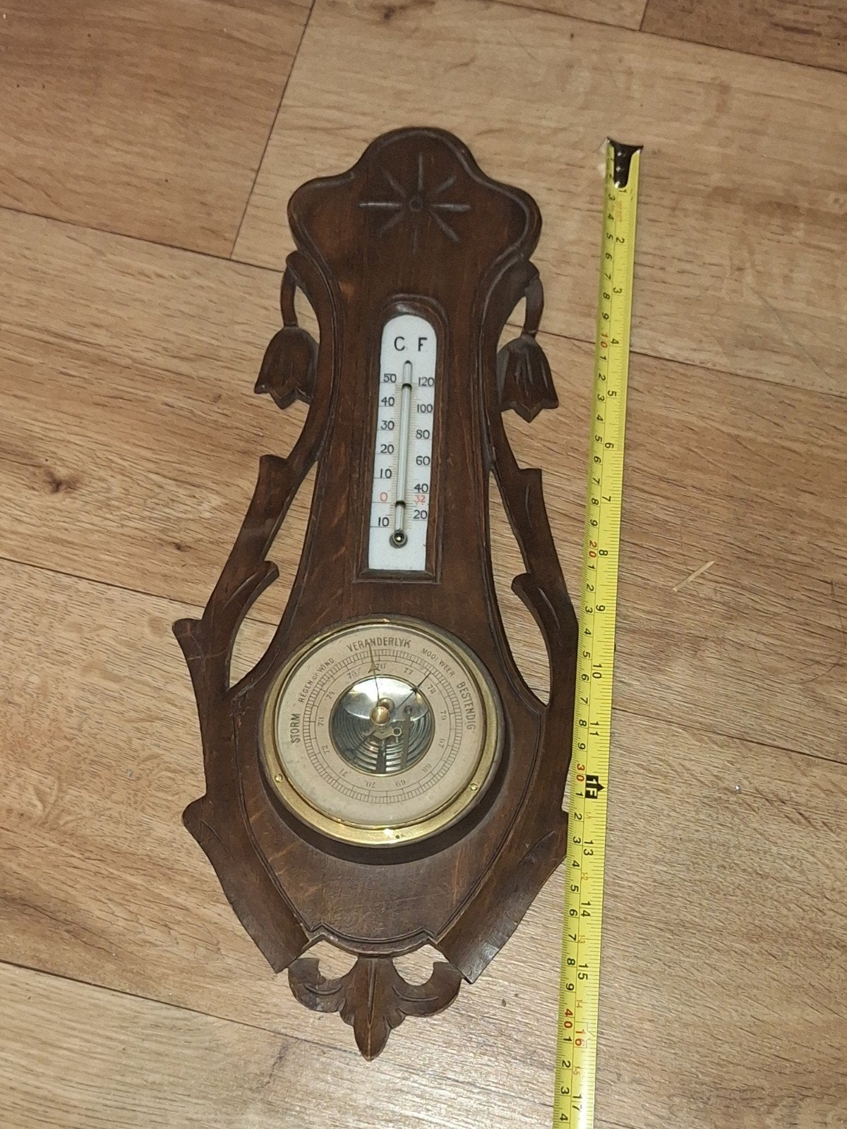 Antieke Houten Barometer en Thermometer, Ophalen of Verzenden, Gebruikt