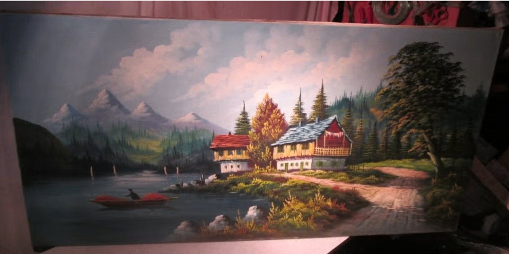 Mooi Geschilderd Werk 'Meer en Bergen' - Dufour, Doek, Ophalen of Verzenden, Landschap, Olieverf
