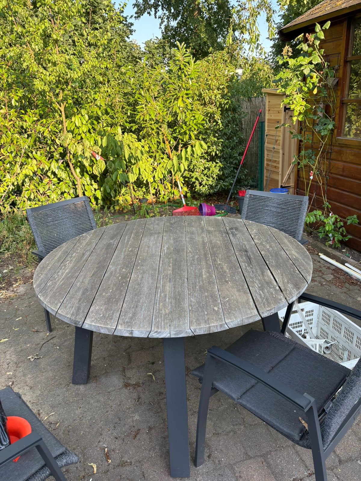 Ronde houten tuintafel met aluminium onderstel, Ophalen, Gebruikt, Rond, Hout