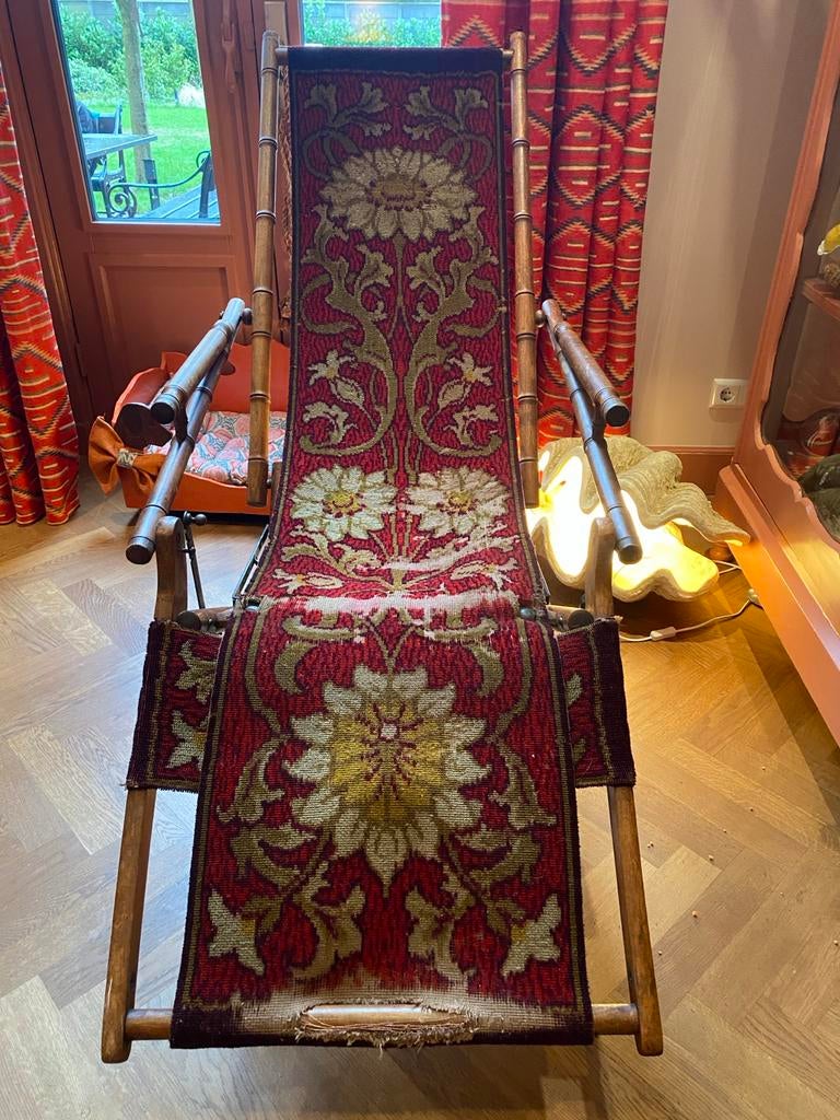 Unieke Faux Bamboe Chaise Longue - Art Nouveau Stof (1920), Gebruikt, Eenpersoons, Ophalen of Verzenden, Minder dan 150 cm