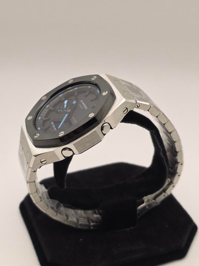 G Shock GA-2100 custom casioak AP look zilver/zwart/blauw, Ophalen of Verzenden, Nieuw, Zilver, Casio G-Shock