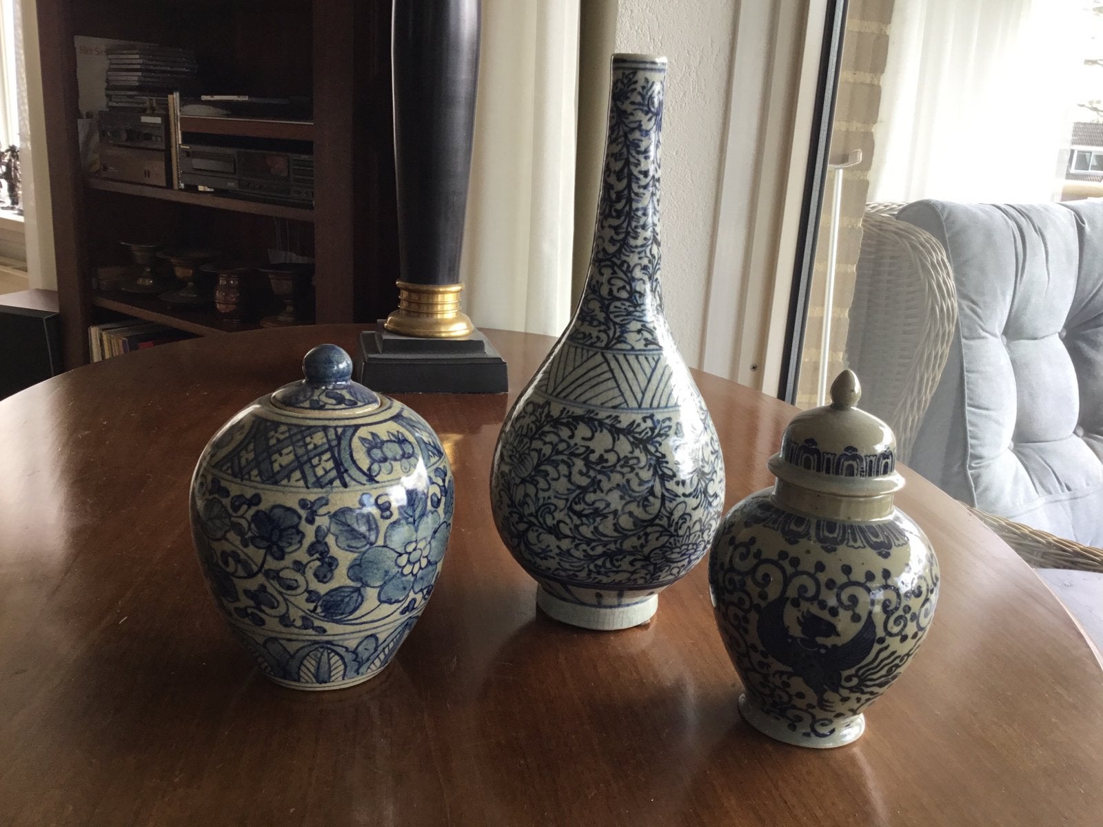 Set van 3 blauw-witte potten en vaas, Antiek en Kunst, Ophalen of Verzenden
