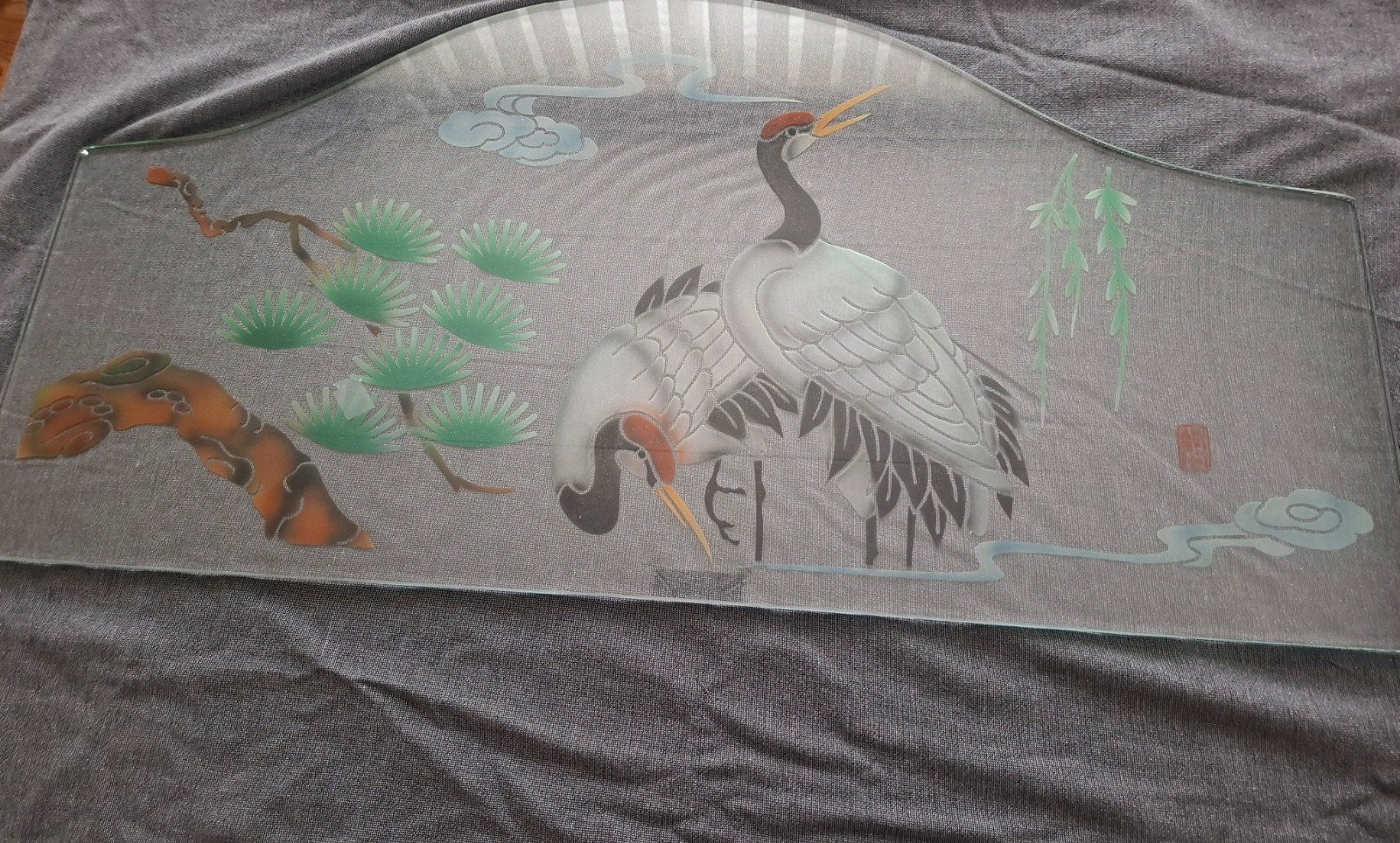Decoratief Japans glaspaneel met kraanvogels, Antiek en Kunst, Antiek | Glas en Kristal, Ophalen