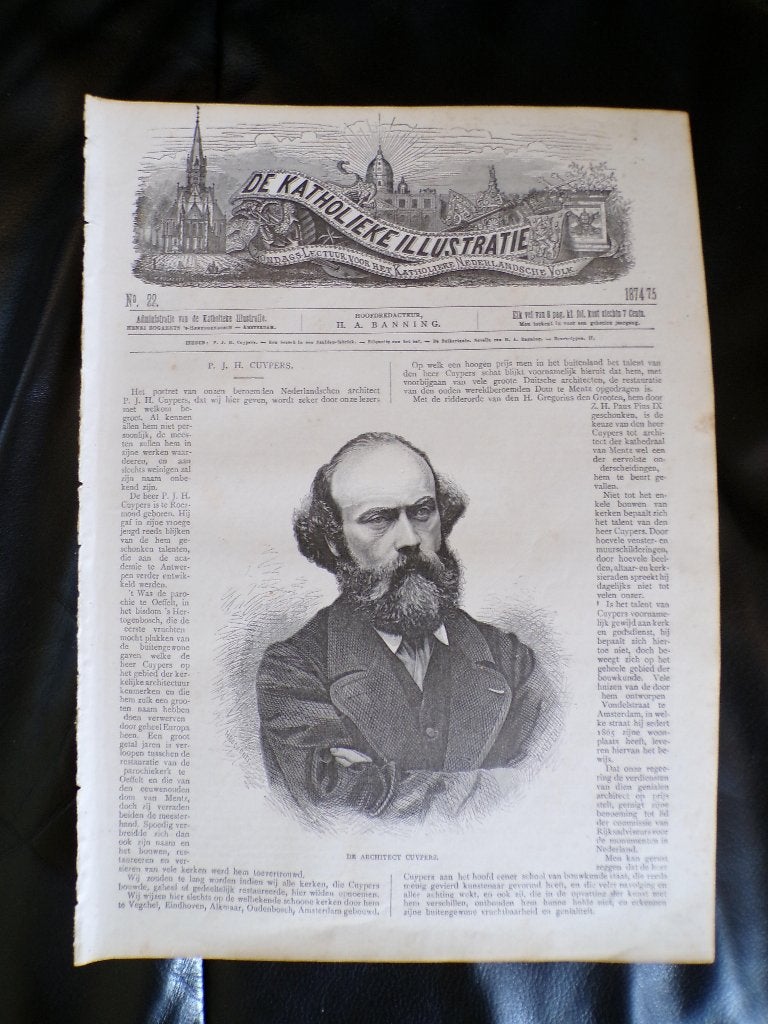 originele houtgravure architect P.J.H. Cuypers 1874-1875, 1800 - 1899, Portret, Ophalen of Verzenden, Gravure