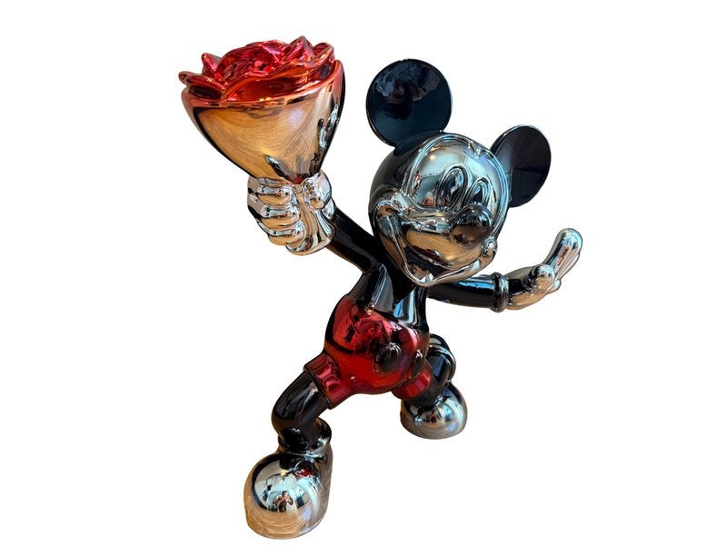Mickey Mouse Chrome Beeld met Roos (40cm), Verzamelen, Disney, Ophalen of Verzenden, Mickey Mouse, Nieuw, Beeldje of Figuurtje