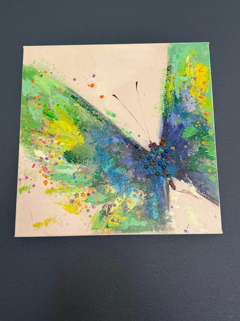 Kleurrijke vlinder schilderij met kraaltjes en glitter, Antiek en Kunst, Ophalen of Verzenden