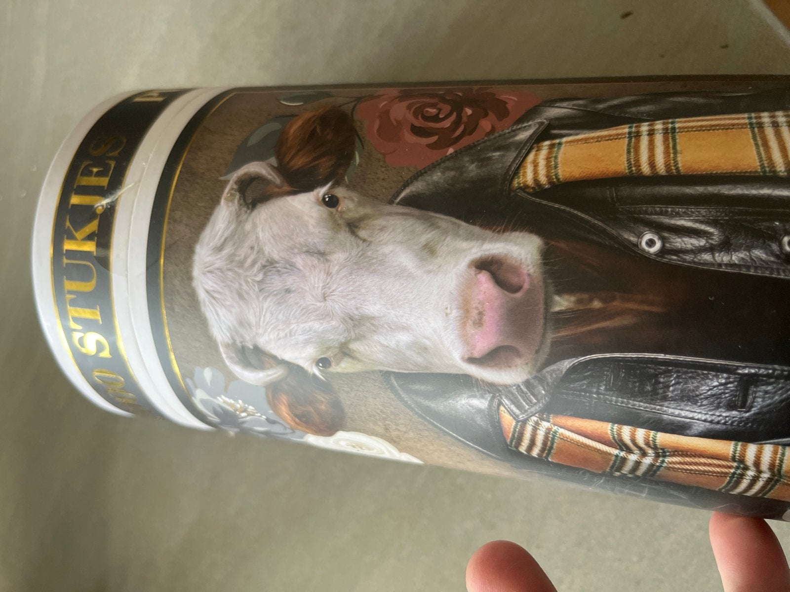 Decoratieve koker met koeienprint en leren jas, Ophalen of Verzenden, Zo goed als nieuw