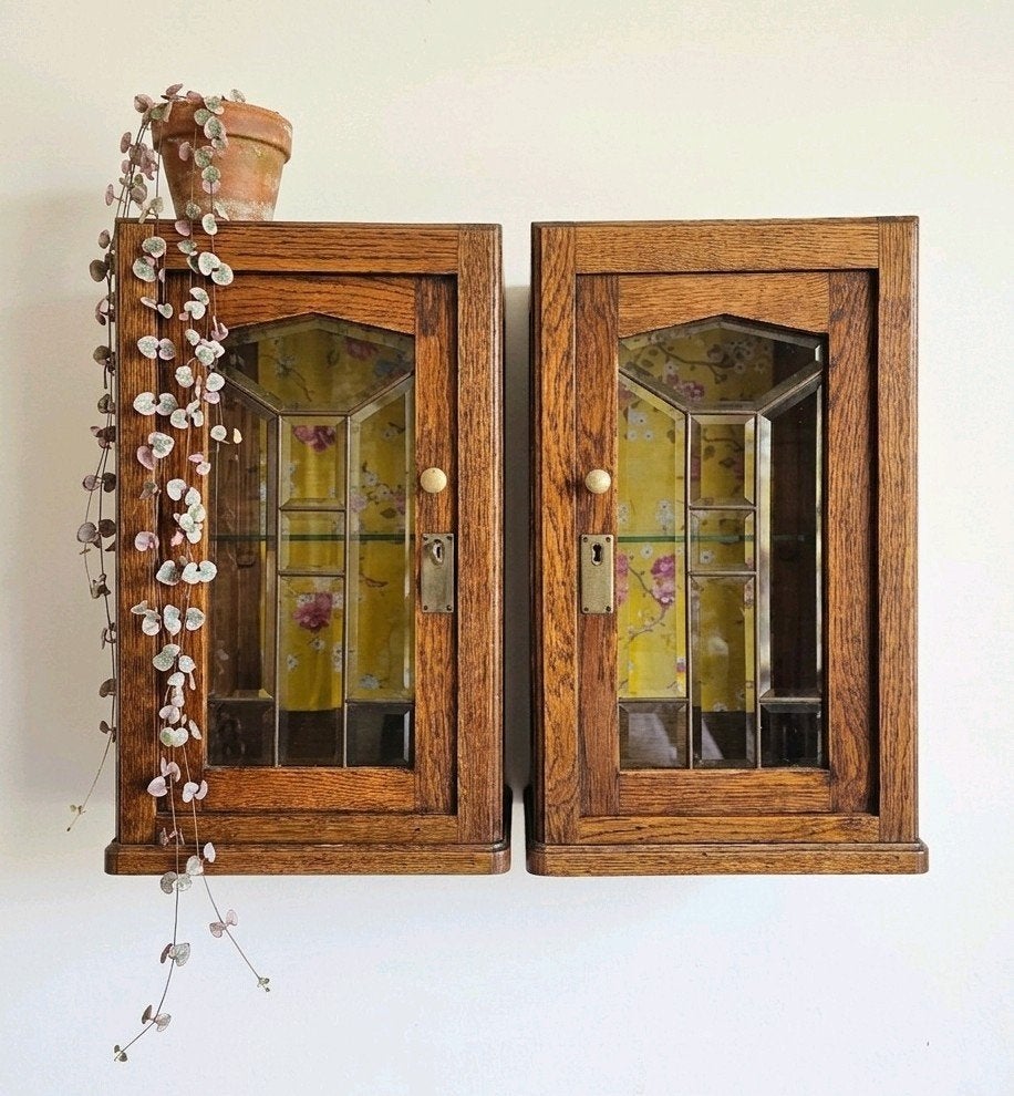 🌿 2 antieke eiken Art Deco wandkastjes vintage hangkastjes, Ophalen of Verzenden