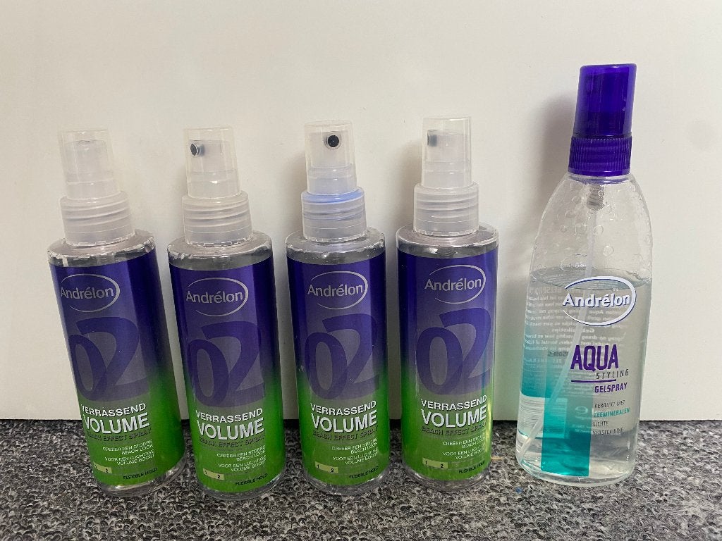 4x nieuwe Andrélon Volume Spray beach effect & 1 x Gel Spray, Ophalen of Verzenden, Nieuw, Gel, Wax, Haarlak of Mousse