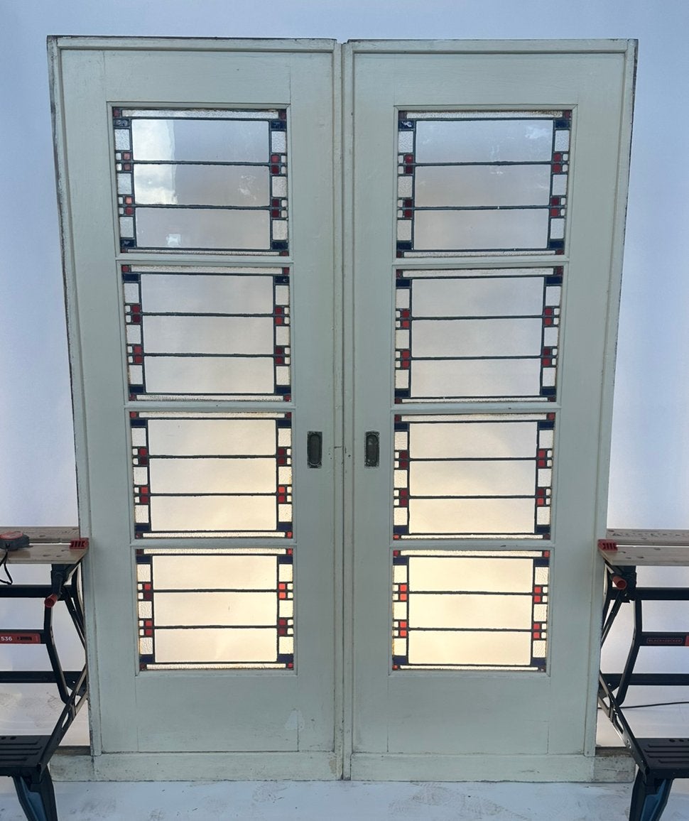 215x77 Set ensuite schuifdeuren met glas in lood, Doe-het-zelf en Verbouw, Deuren en Horren, Ophalen, Minder dan 80 cm, Binnendeur