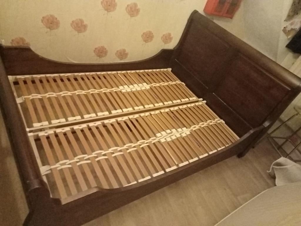 Tweepersoonsbed met lattenbodems - Donkerbruin Hout, Ophalen, Gebruikt, Bruin, Klassiek