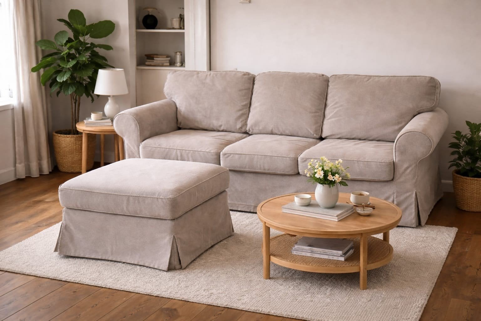 IKEA Ektorp 3-zitsbank + Poef (Tallmyra beige) - Nieuwe hoes, Gebruikt, Klassiek, Comfortabel, Driepersoons, 75 tot 100 cm
