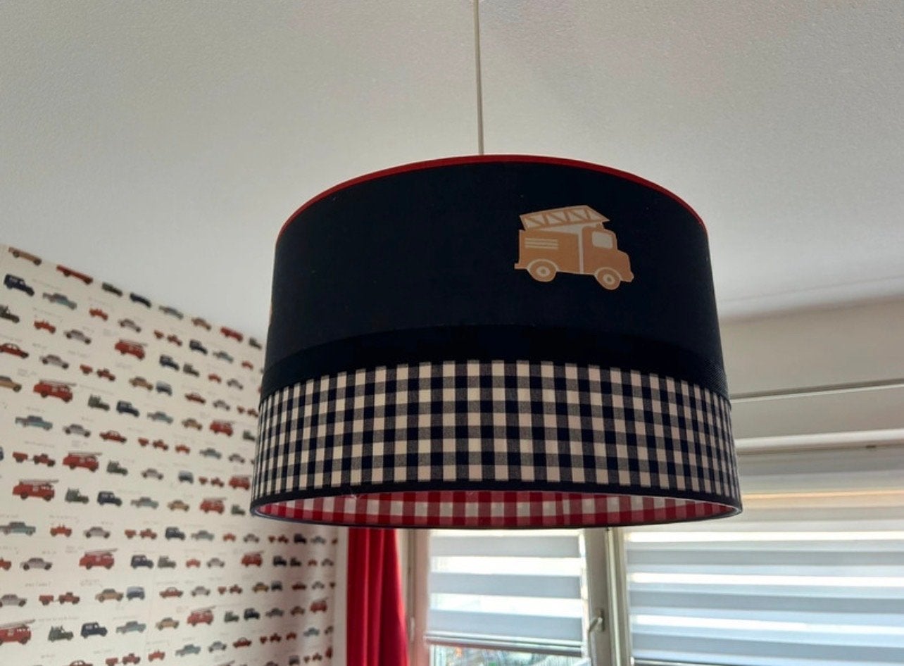 Kinderlamp met voertuigen - Brandweerwagen & Tractor, Ophalen, Zo goed als nieuw, Textiel, E27 (groot)