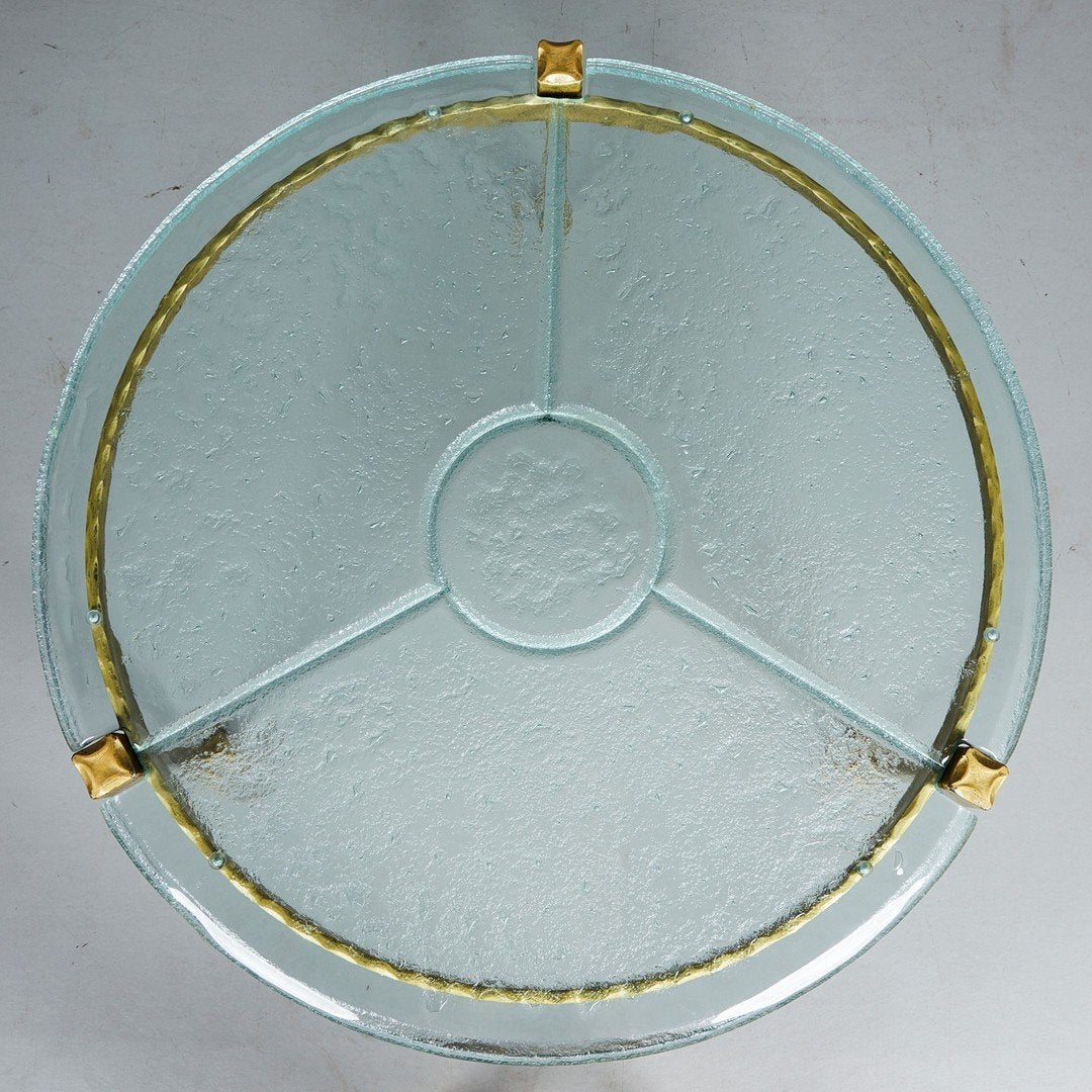 Brutalist salontafel 80s smeedijzer glas Lothar Klute, Ophalen, Rond, Glas, 100 tot 150 cm