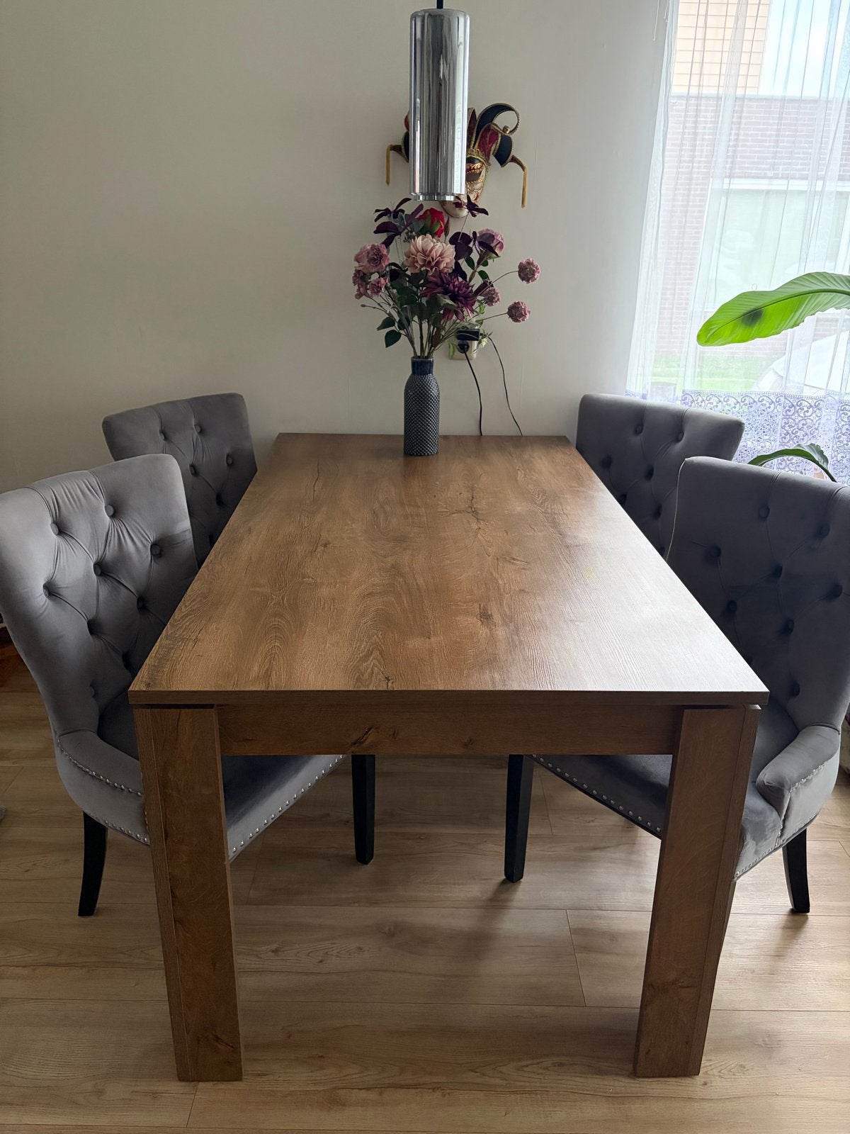 Elegante eettafel met 4 fluwelen stoelen, Ophalen, Gebruikt, 50 tot 100 cm, 150 tot 200 cm