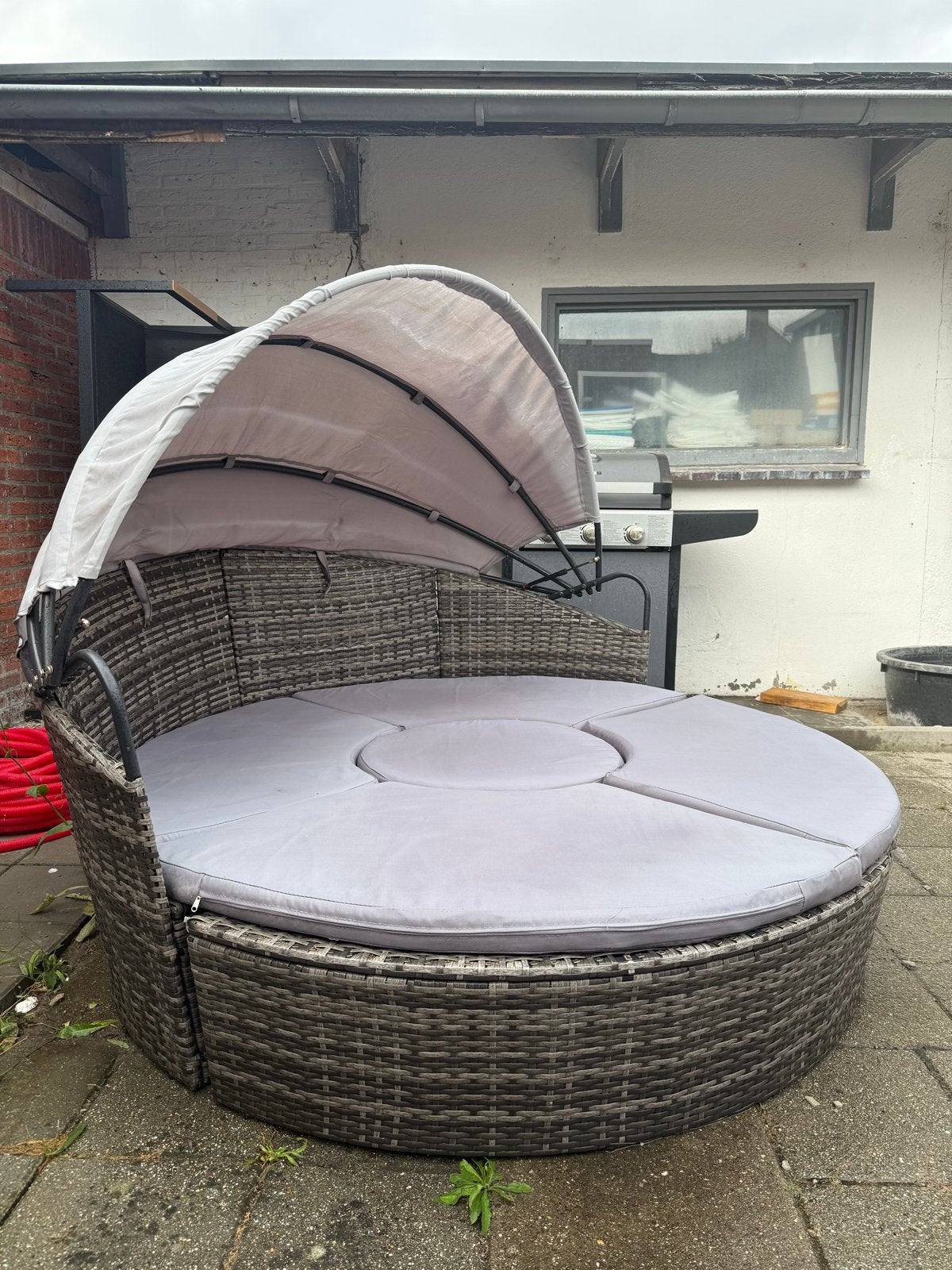 Wicker Loungeset met Zonnekap - Grijs, Ophalen, 4 zitplaatsen, Gebruikt, Loungeset