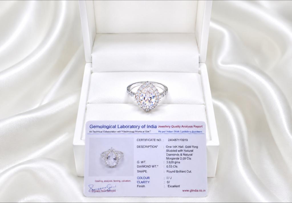 Ring goud met diamanten en morganite, Nieuw, Ophalen of Verzenden, 17 tot 18, Dame