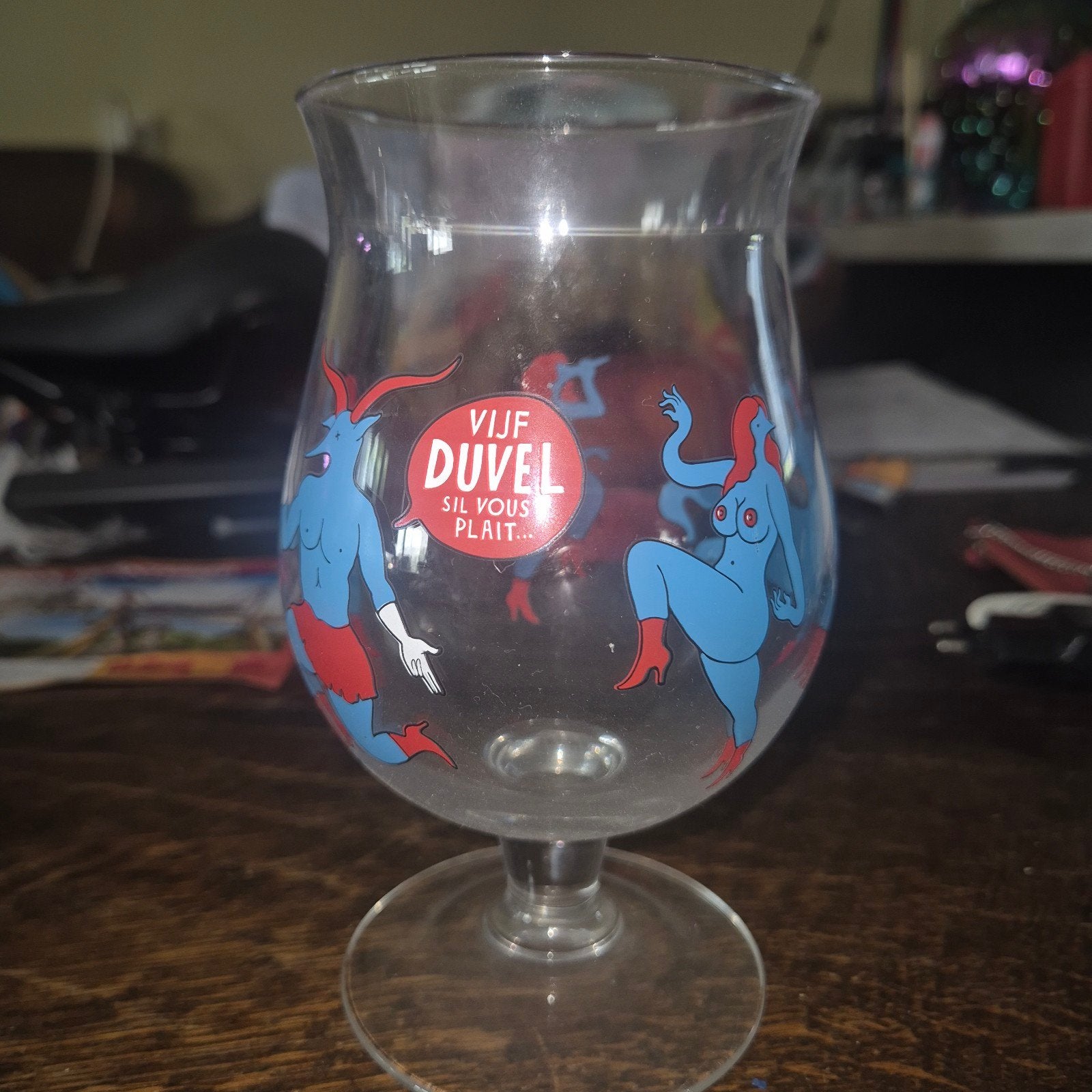 Duvel bierglas 'Vijf Duvel Sil Vous Plait' - Zeldzaam, Vintage, Meerkleurig, Ophalen of Verzenden, Zo goed als nieuw