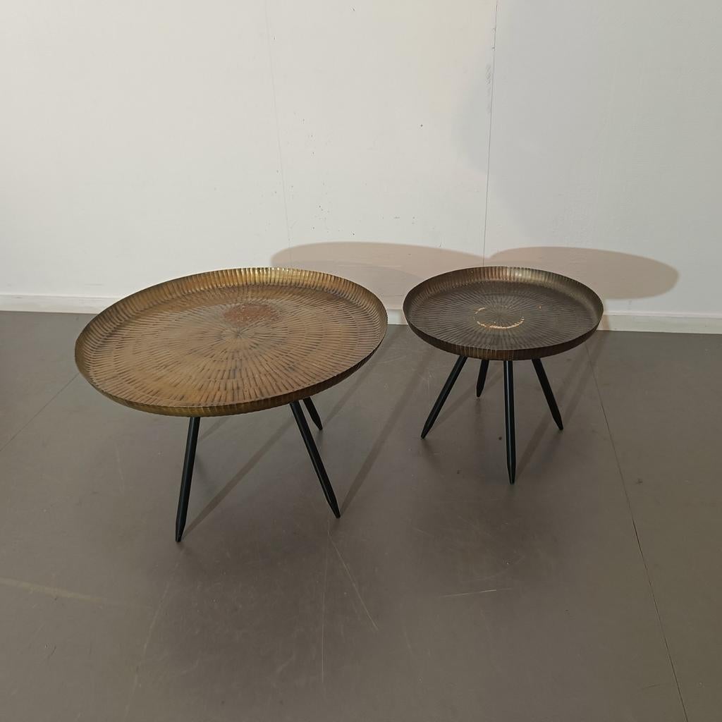 Set van 2 gouden bijzettafels, vintage look, Ophalen, Gebruikt, 50 tot 100 cm, Rond