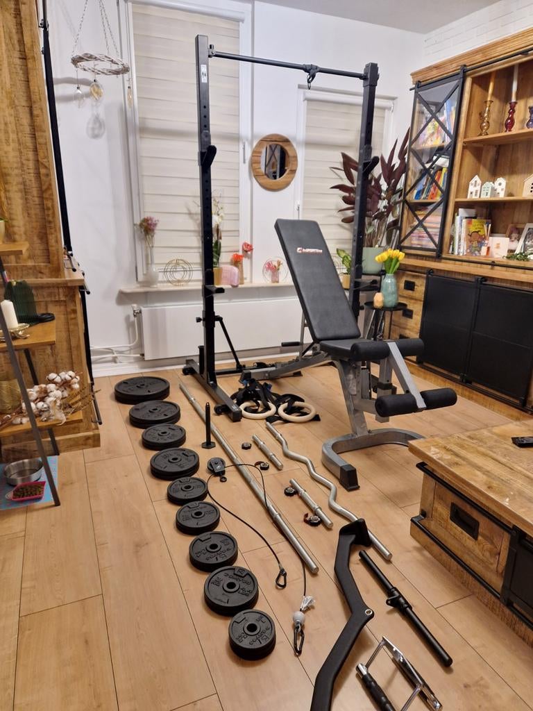 compleet fitness set met 100kg gewichten, Sport en Fitness, Ophalen, Zo goed als nieuw, Fitnessbank