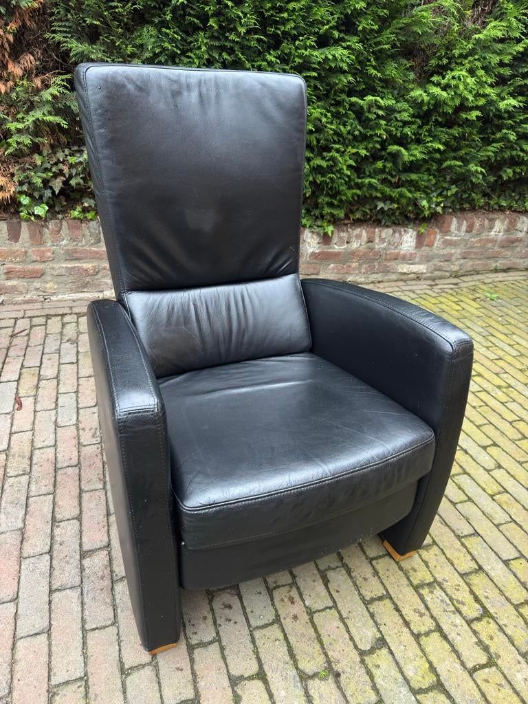 Zwarte leren relaxfauteuil met voetensteun, Ophalen, Gebruikt, Zwart, Leer