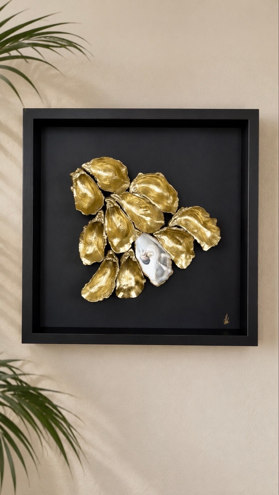 Gouden oesters in lijst 35x35 cm, Minder dan 50 cm, Overige typen, Nieuw, Ophalen of Verzenden